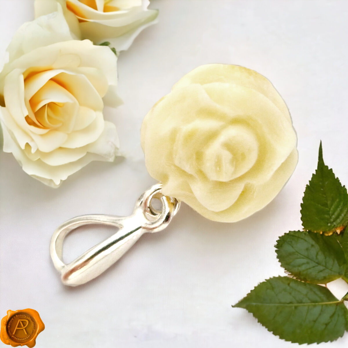 Carved White Amber Rose Silver Pendant - Image 4