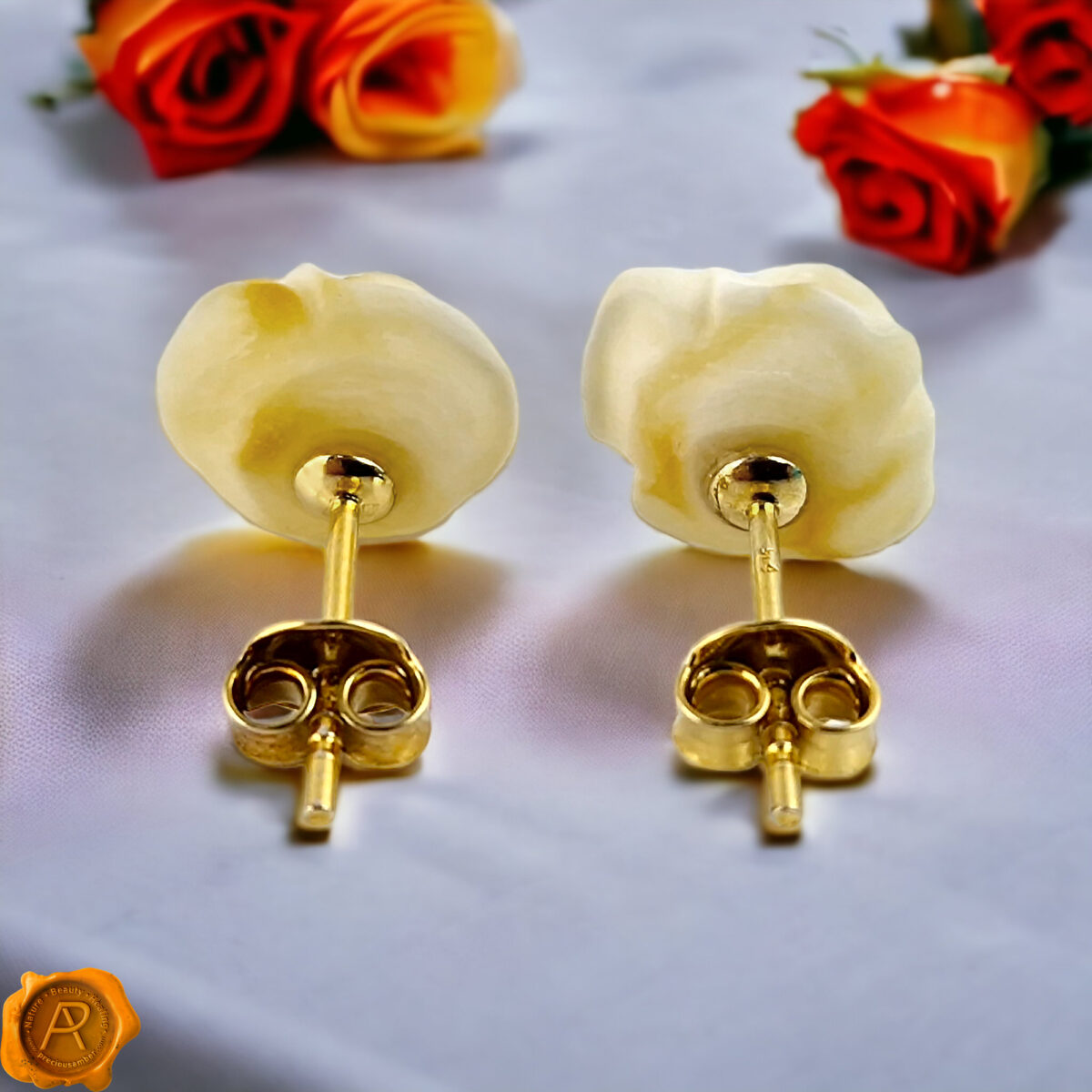 Carved White Amber Rose Gold Earrings - Image 2
