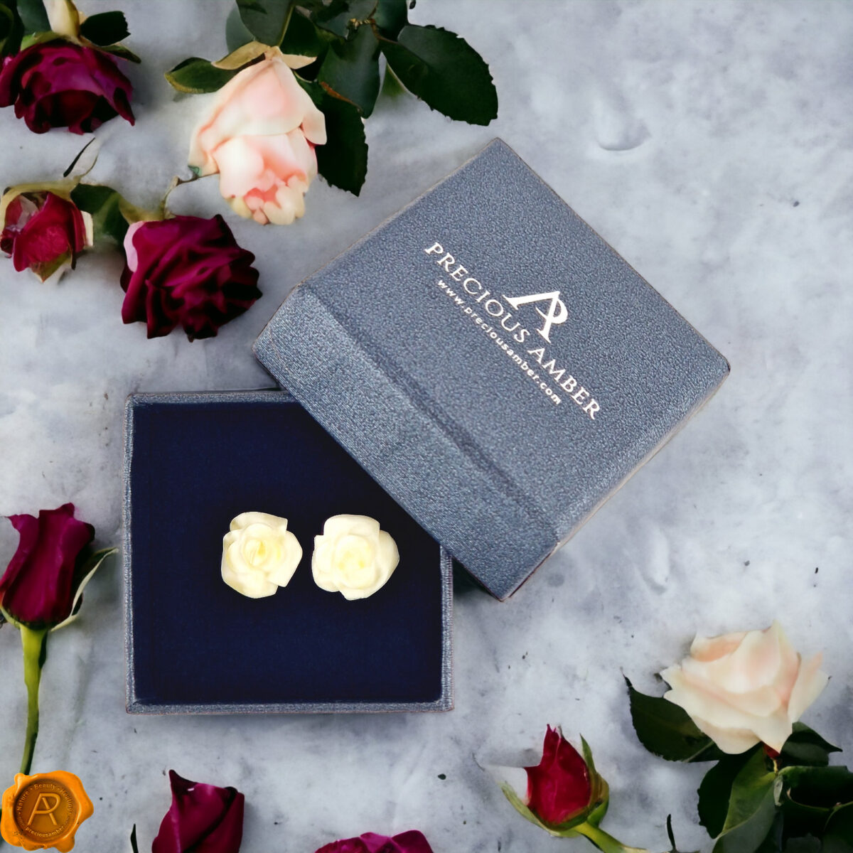 Carved White Amber Rose Gold Earrings - Image 4