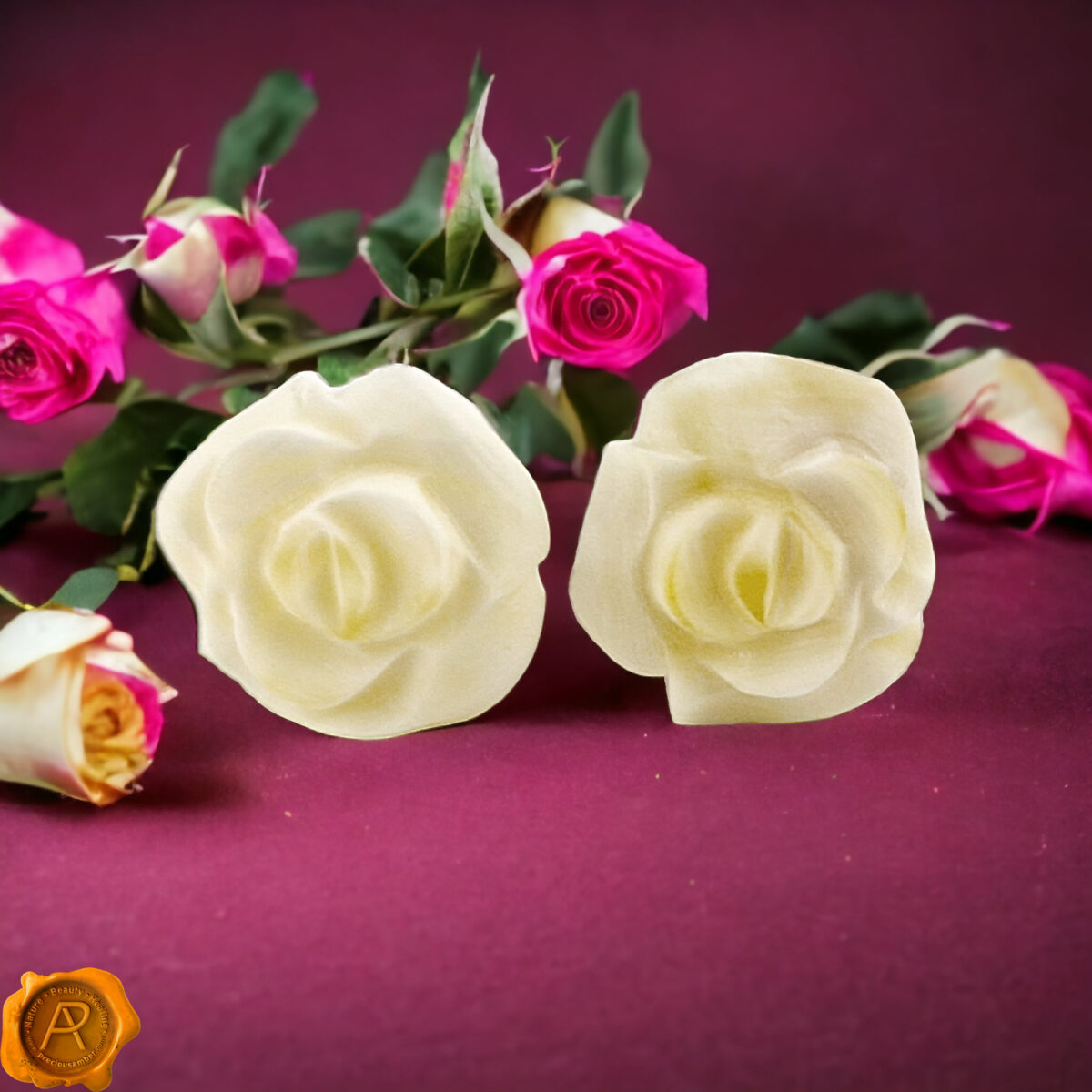 Carved White Amber Rose Gold Earrings - Image 1