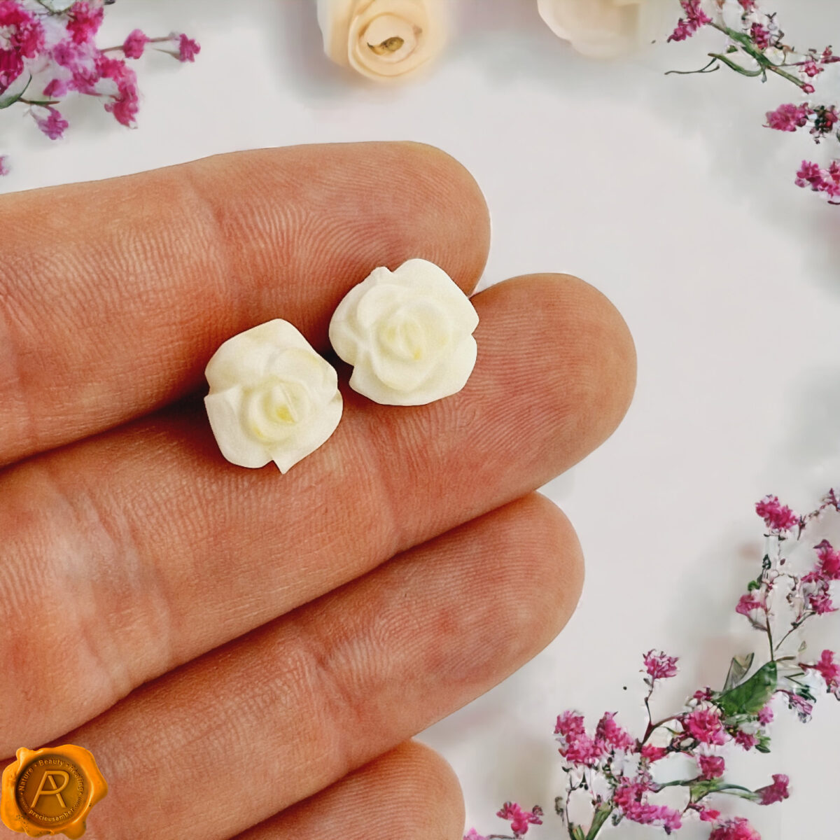 Carved White Amber Rose Gold Earrings - Image 3