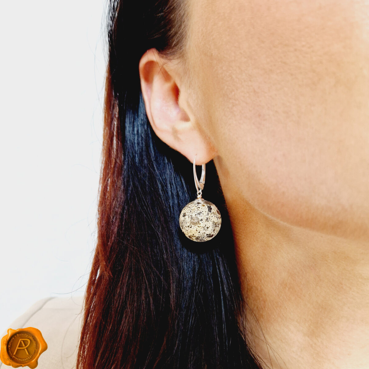 Rare Marble Amber Sphere Earrings 14mm - Image 2