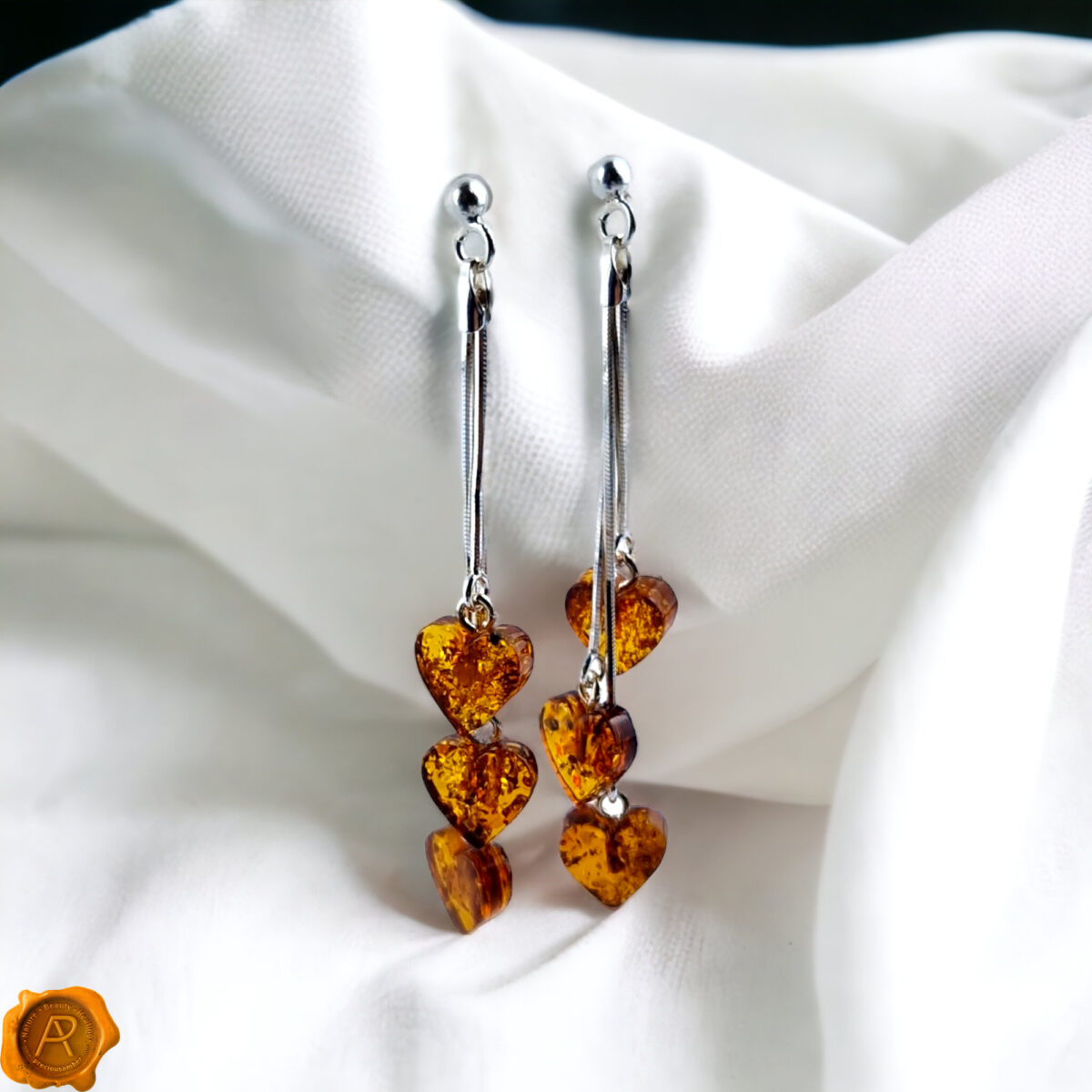 Amber Heart Silver Dangle Earrings - Image 3