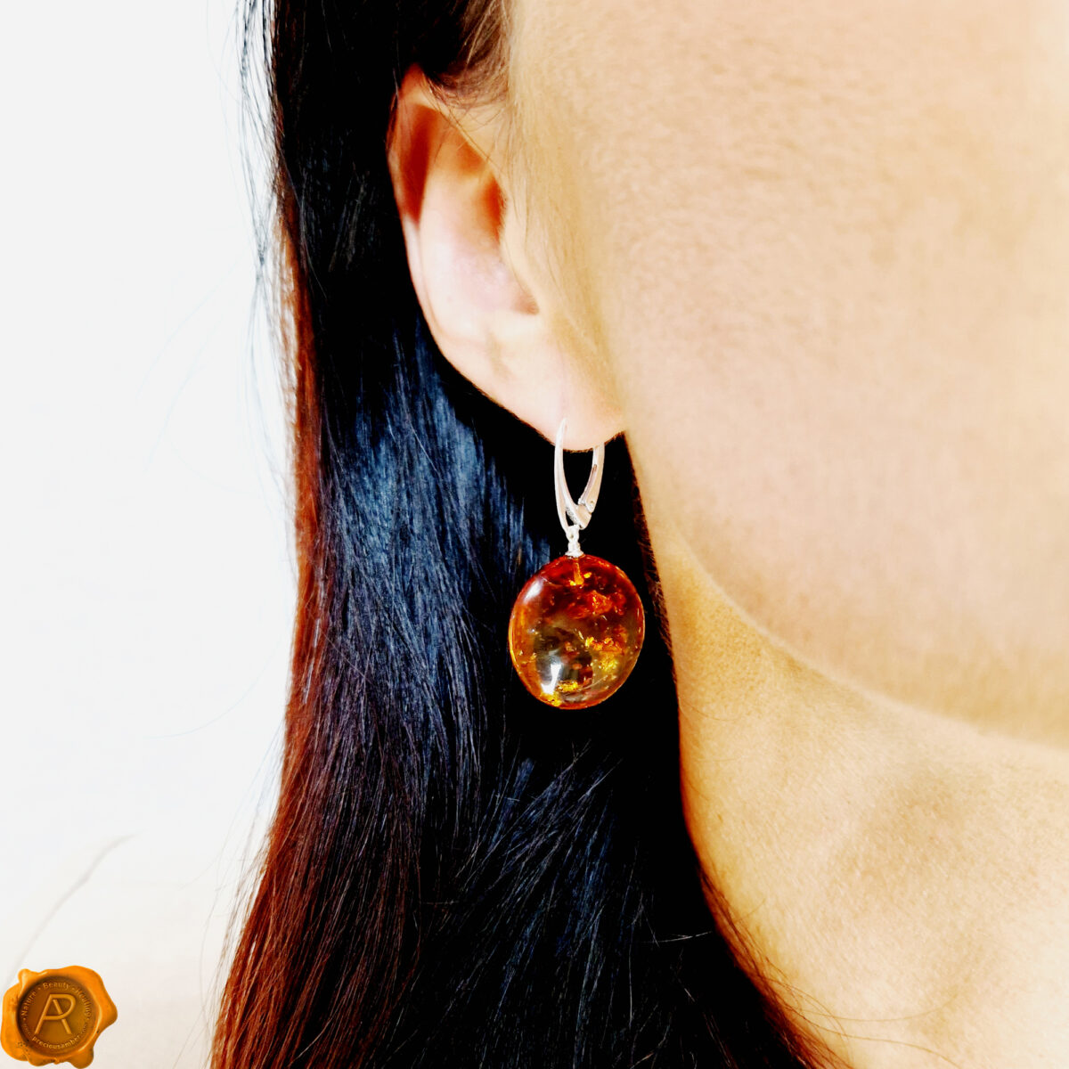 Flat Honey Amber Silver Earrings - Image 2
