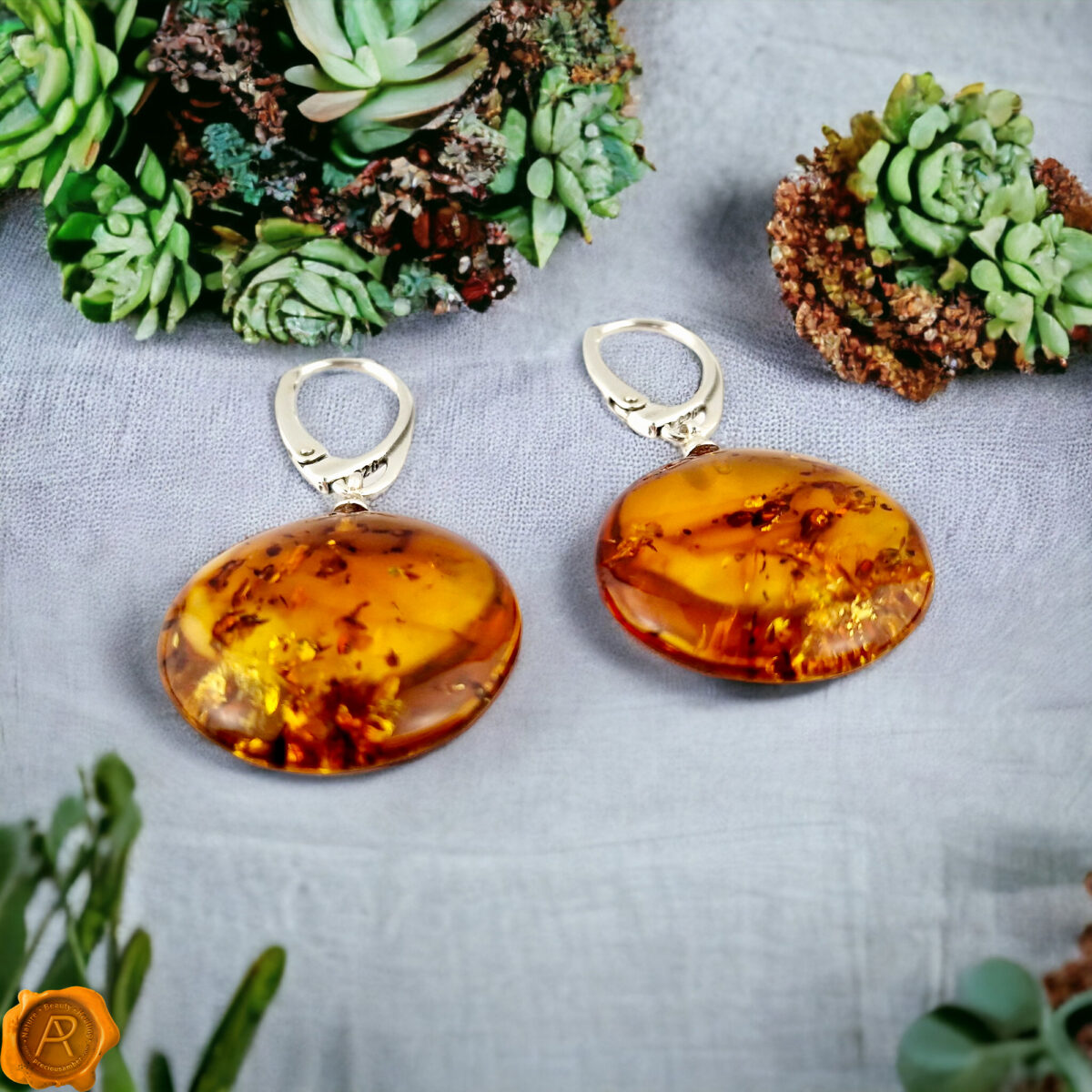 Flat Honey Amber Silver Earrings - Image 3
