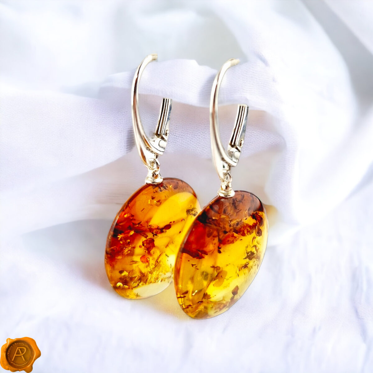 Flat Honey Amber Silver Earrings - Image 1