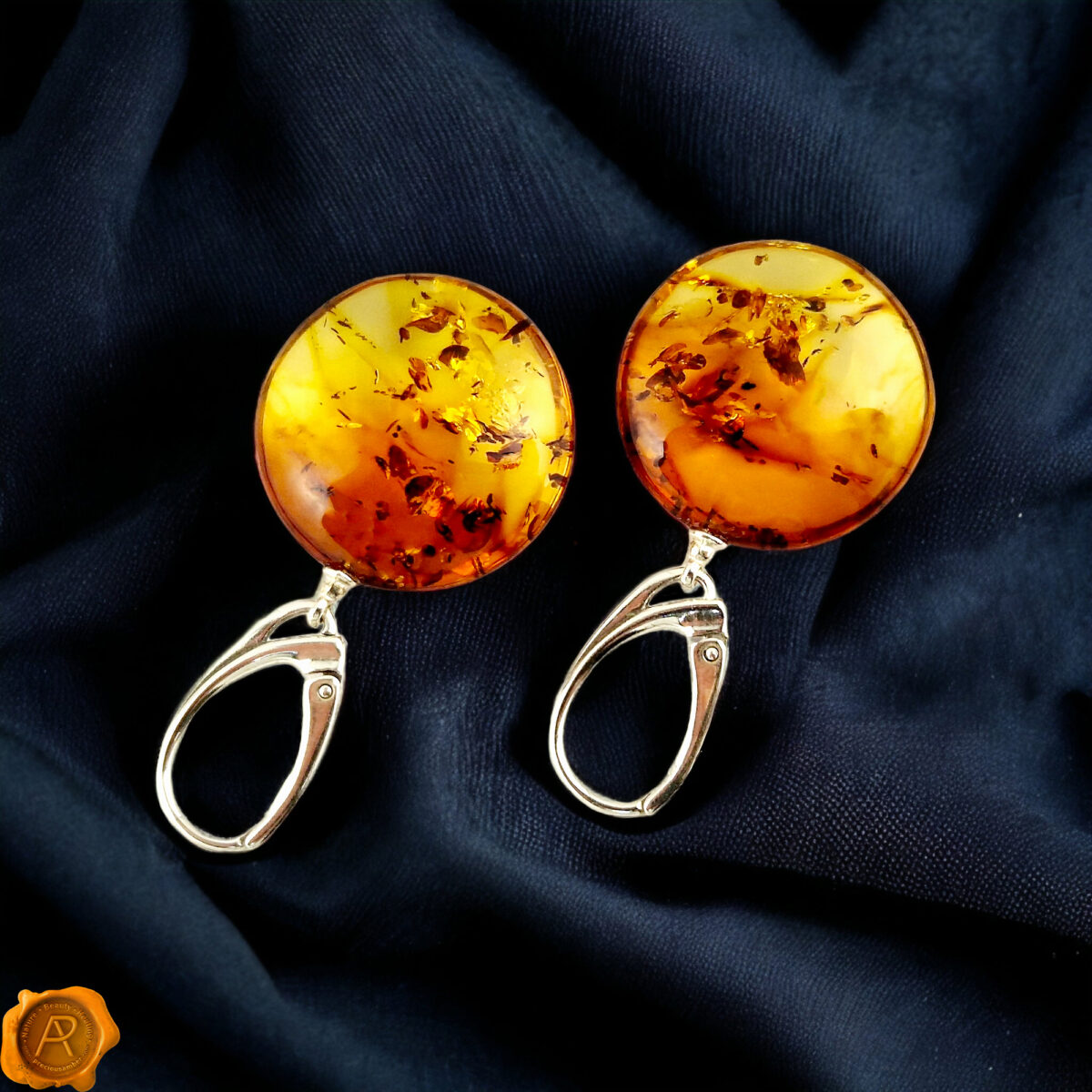 Flat Honey Amber Silver Earrings - Image 5