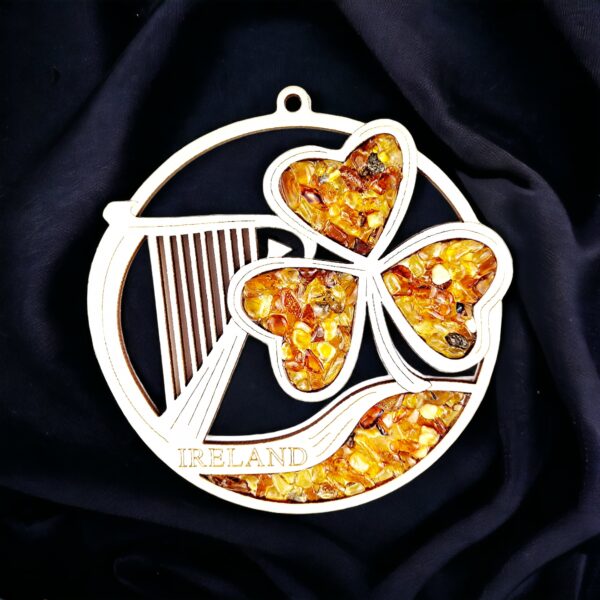 Irish Shamrock Harp Gift Baltic Amber Suncatcher Charm Dreamcatcher, Irish Art Good Luck Gifts, Wood Gemstone Christmas Tree Décor Ornament
