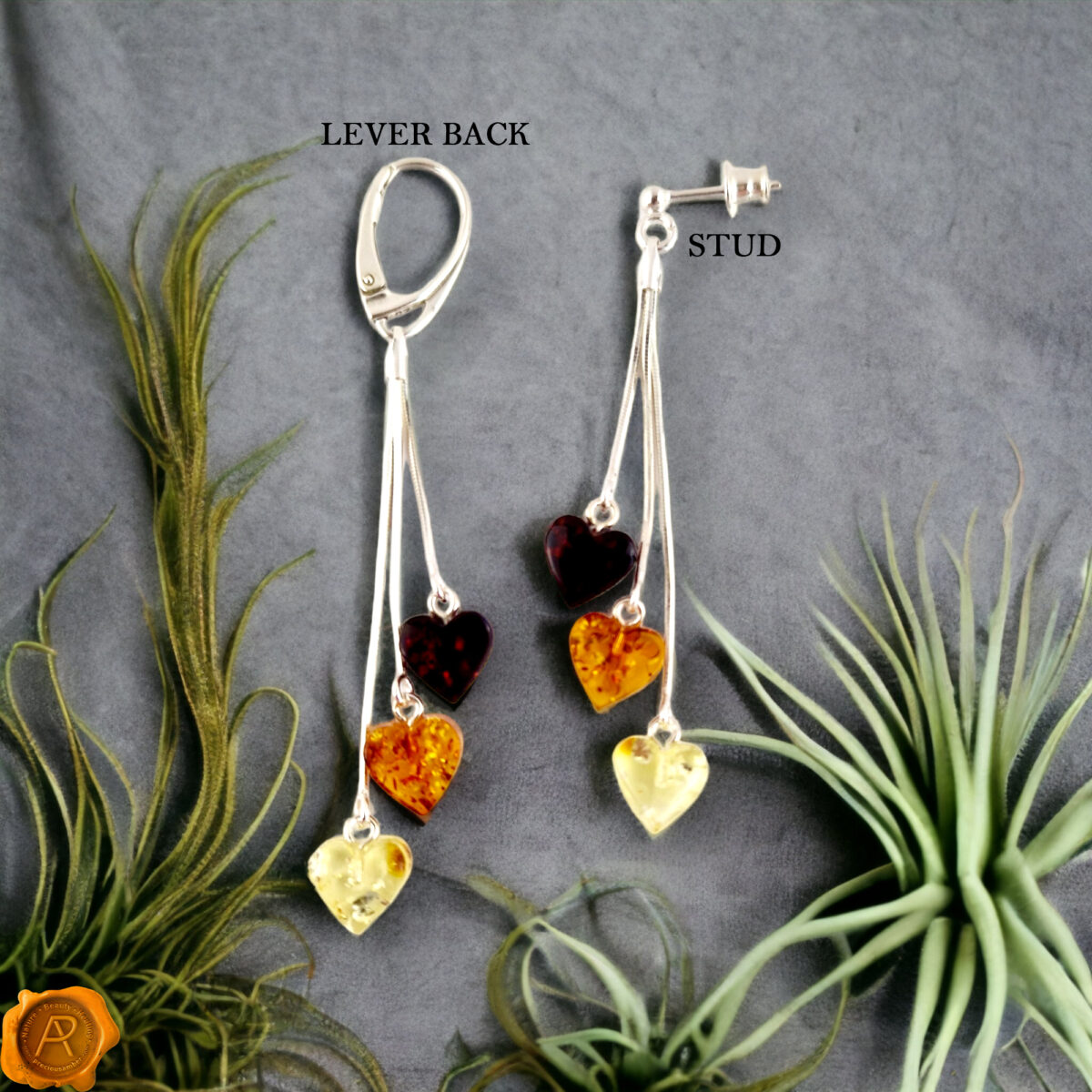 Amber Heart Silver Earrings - Image 2