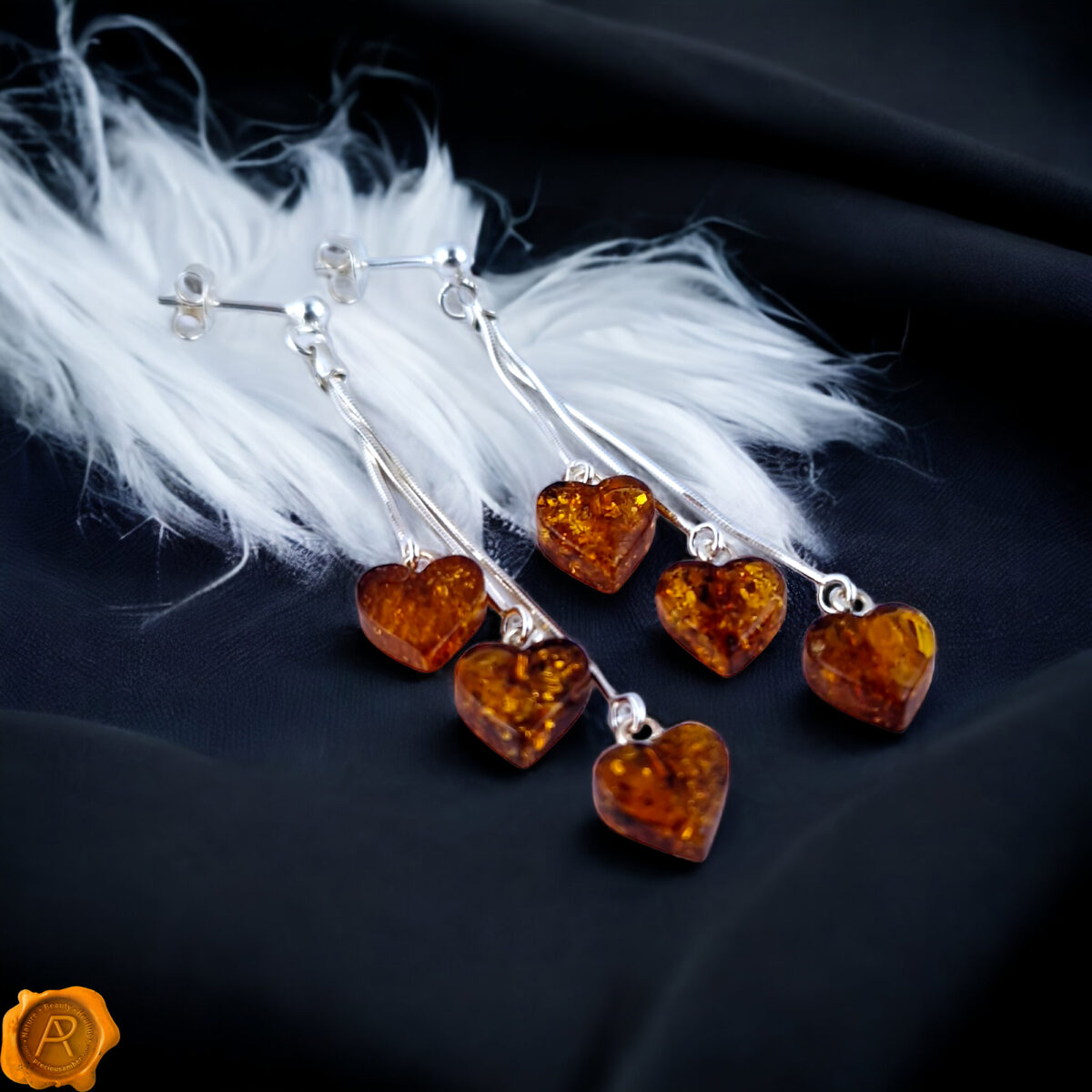 Amber Heart Silver Dangle Earrings - Image 1
