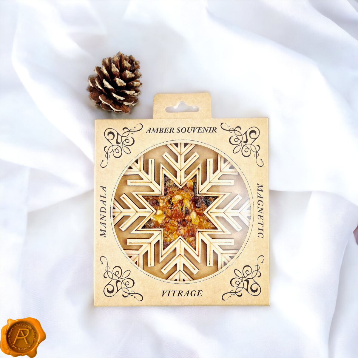 Snow-Flake-Christmas-Tree-Decorations-Ornament-Gift-Baltic-Amber-Gemstone-Wood-Charm-Sun-Dream-Catcher-Meditation-Wall-Decor-Holiday-Gifts Magnetic Amber Snowflake Ornament - Image 4
