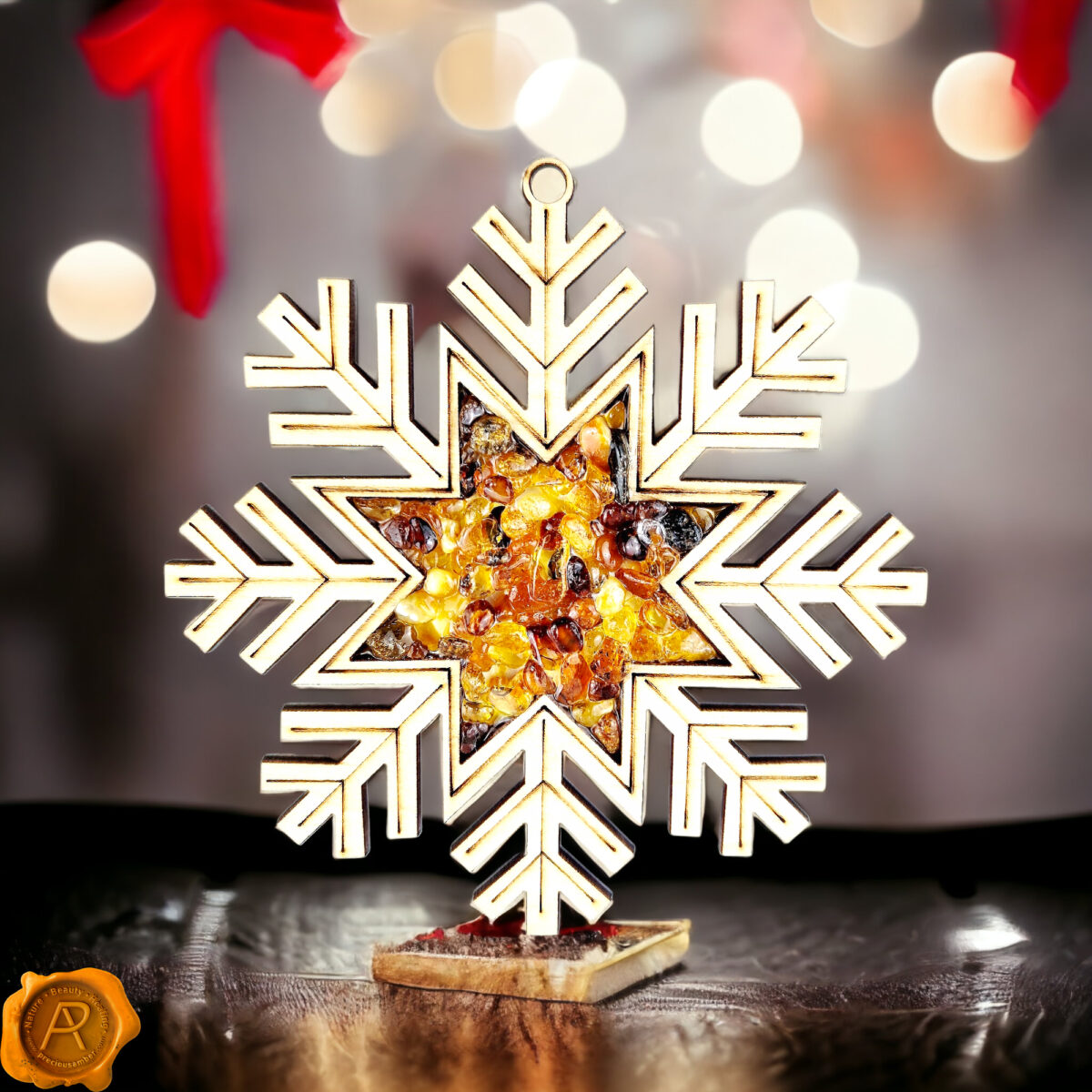 Snow-Flake-Christmas-Wood-Decorations-Ornament-Gift-Baltic-Amber-Gemstone-Wooden-Charm-Sun-Dream-Catcher-Meditation-Wall-Decor-Holiday-Gifts Magnetic Amber Snowflake Ornament - Image 3