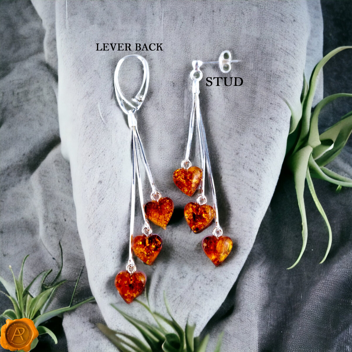 Amber Heart Silver Dangle Earrings - Image 5