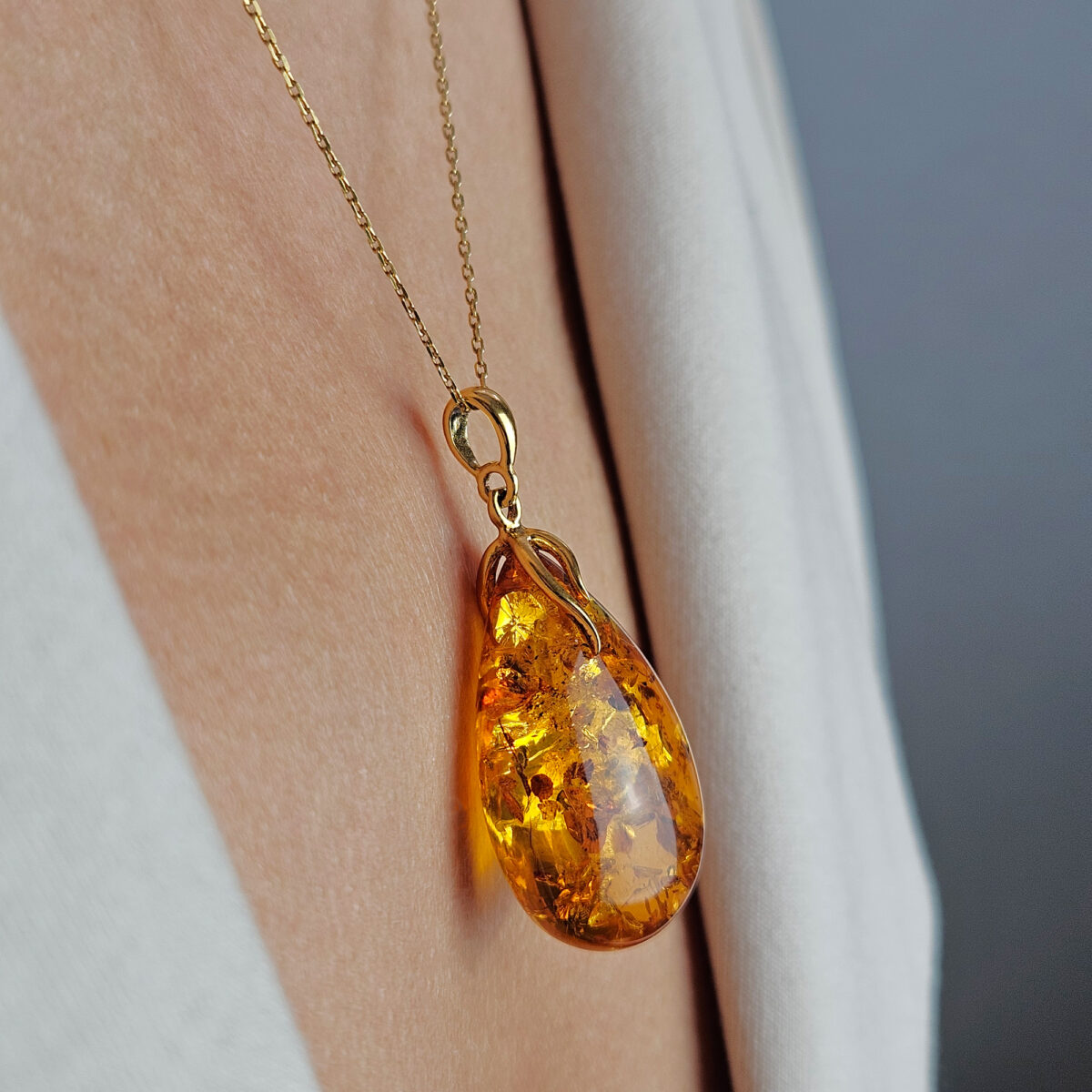 Natural Baltic Amber Teardrop Pendant Gold Necklace Gift Women, Large Honey Amber Gemstone Gold Jewelry, Chunky Drop Charm Pendants