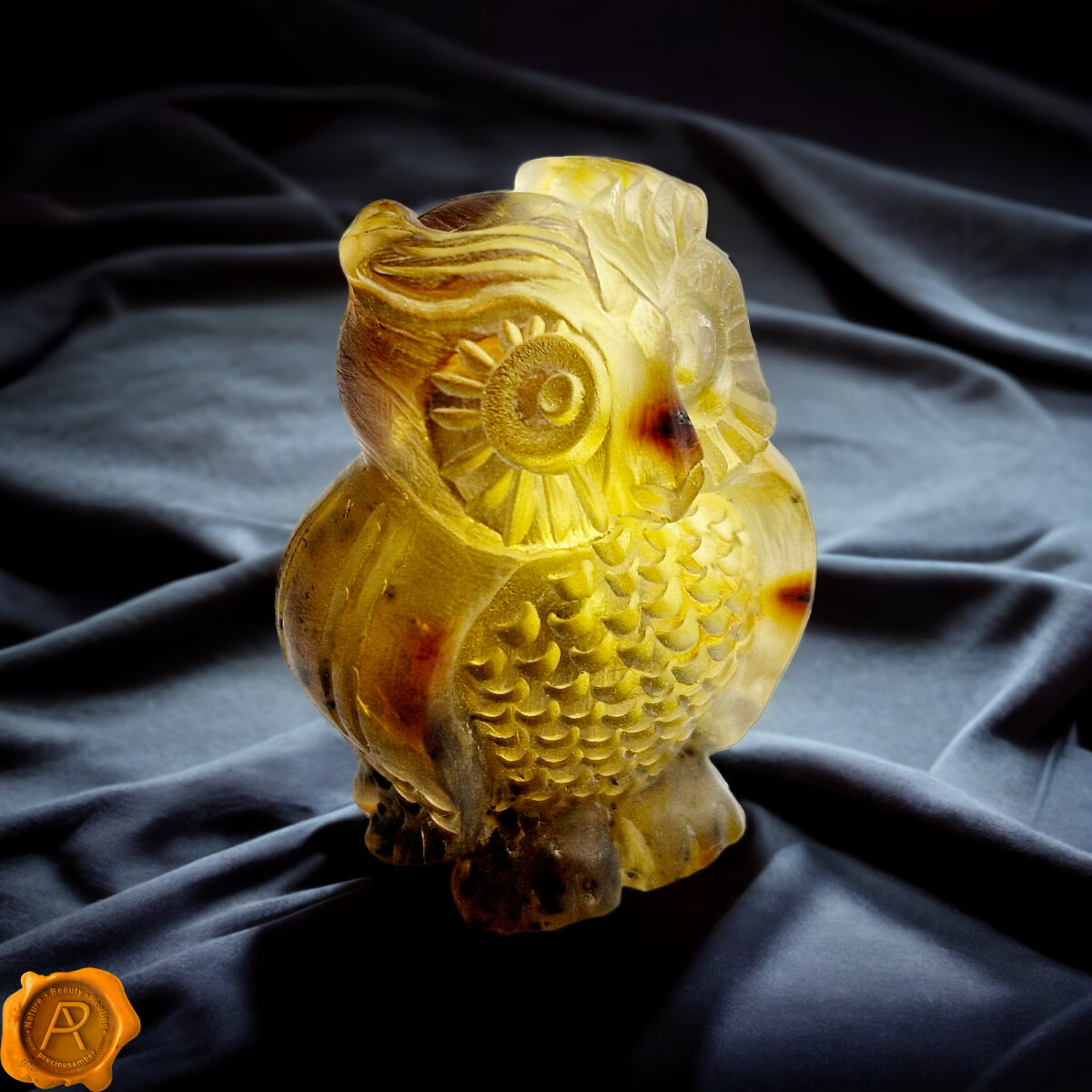 Carved Matte Amber Owl Statuette - Image 1