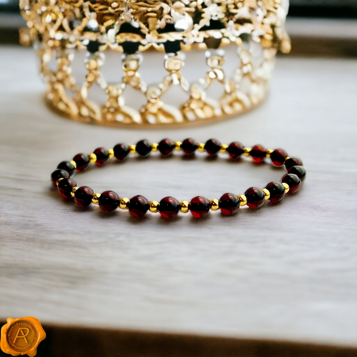 Minimalist-Black-Red-Cherry-Baltic-Amber-Elastic-Dainty-Gemstone-Gold-Bracelet-Jewelry-Gift-Women-UK-Ireland Dainty Cherry Amber Gold Bracelet - Image 1
