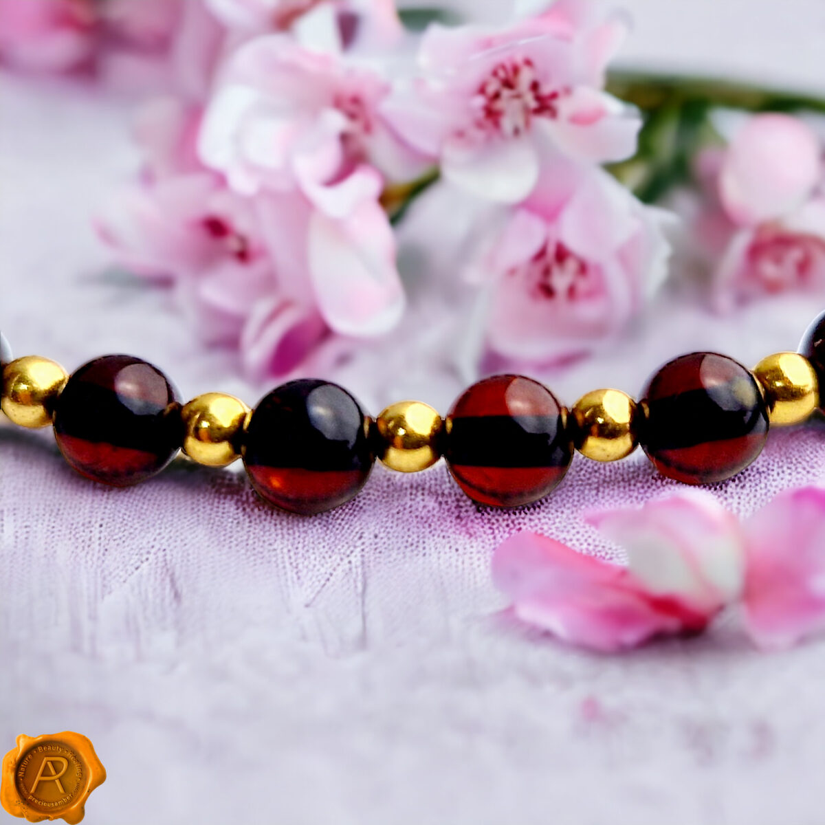Minimalist-Bracelets-Black-Red-Cherry-Baltic-Amber-Elastic-Dainty-Gemstone-Gold-Bracelet-Jewelry-Gift-Women-UK-Ireland Dainty Cherry Amber Gold Bracelet - Image 3