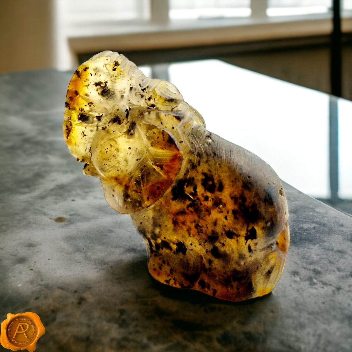 Carved Matt Amber Elephant Statuette - Image 2