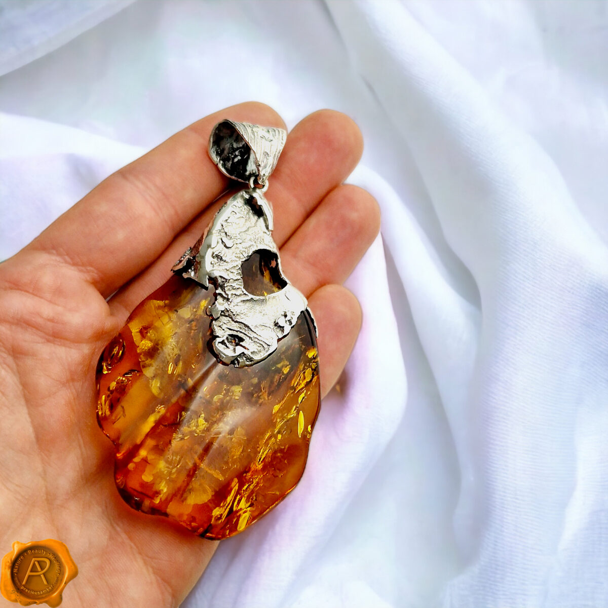 rare-Luxury-Exclusive-Huge-Chunky-One-of-a-kind-Baltic-Amber-Teardrop-Sea-Shell-Shaped-Pendant-Sterling-Silver-Necklace-For-Women-Gift-Jewelry-UK-Ireland Unique Amber Sea Shell Pendant - Image 4