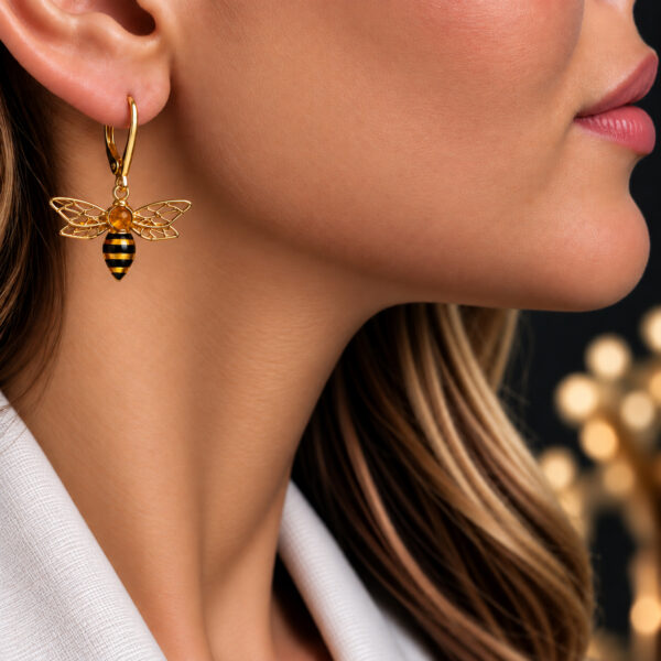 Carved Dainty Bee Stud Earrings Women Gold Silver, Baltic Amber Gemstone Bee Art, Bees Lover Gift Jewelry