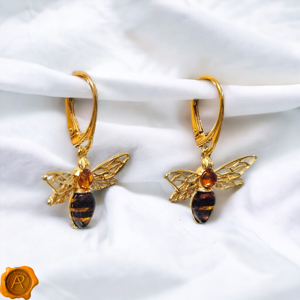 Carved Amber Bee Drop Earrings - Image 3