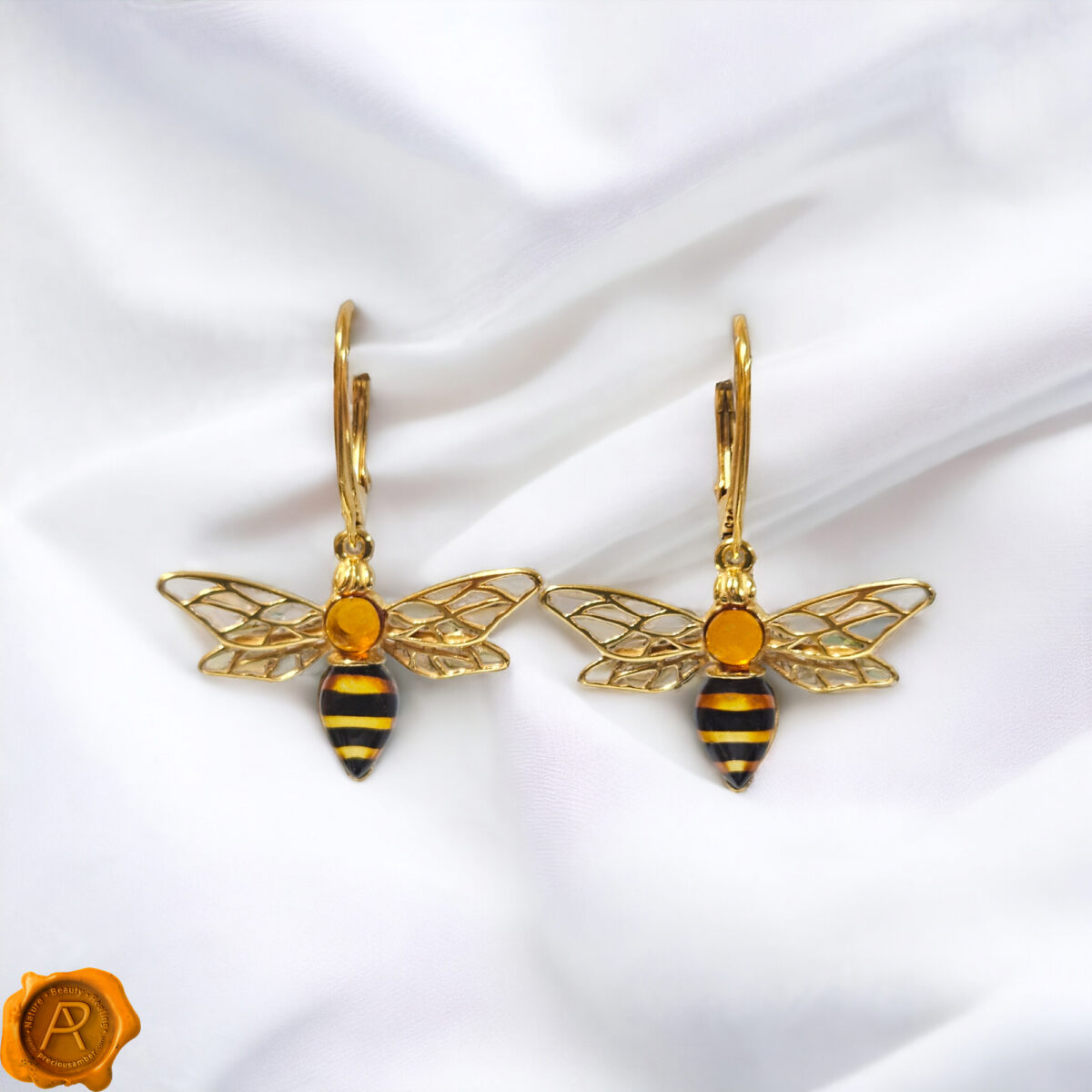 Carved Amber Bee Drop Earrings - Image 1