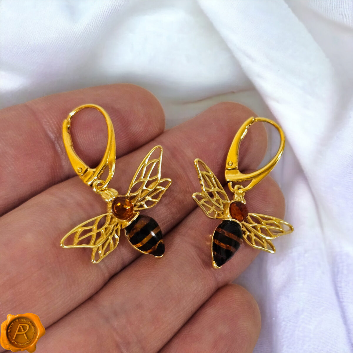 Carved Amber Bee Drop Earrings - Image 2