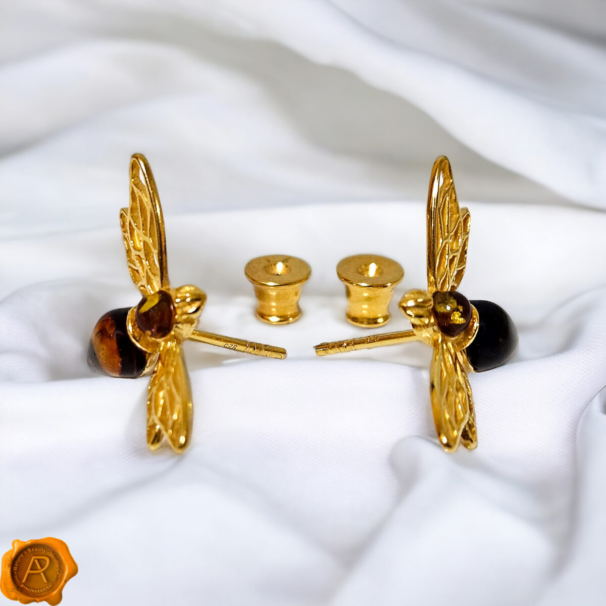 Carved Amber Bee Stud Earrings - Image 3