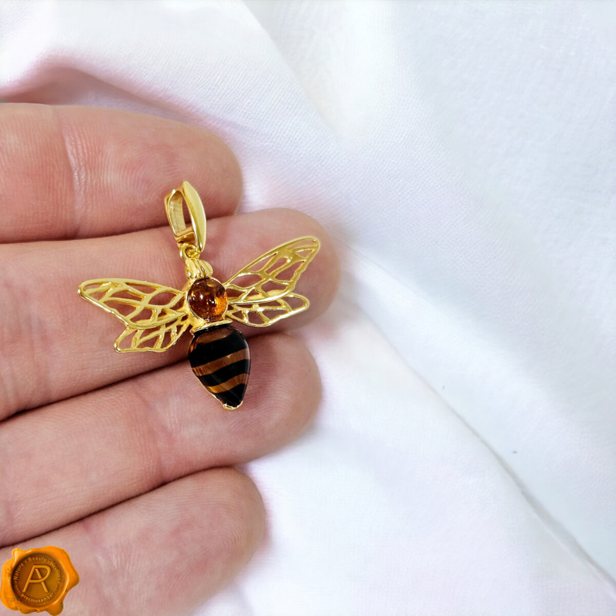 Carved Amber Gold Bee Pendant - Image 5