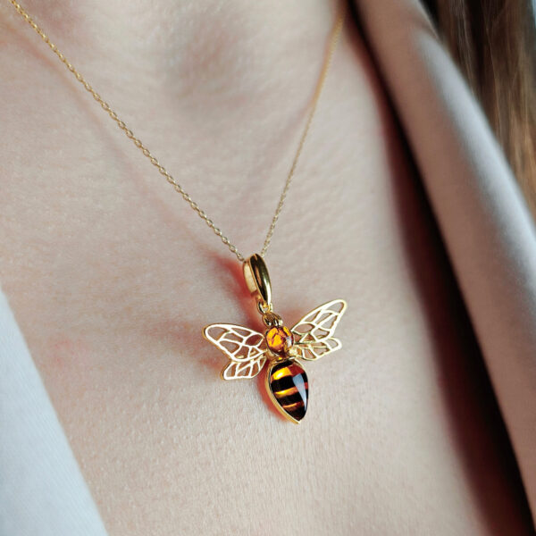 Baltic Amber Gold Bee Pendant Jewelry Gift Teardrop Necklace | Dainty Bee Lover Gifts Gemstone Small Silver Charm Necklace Women
