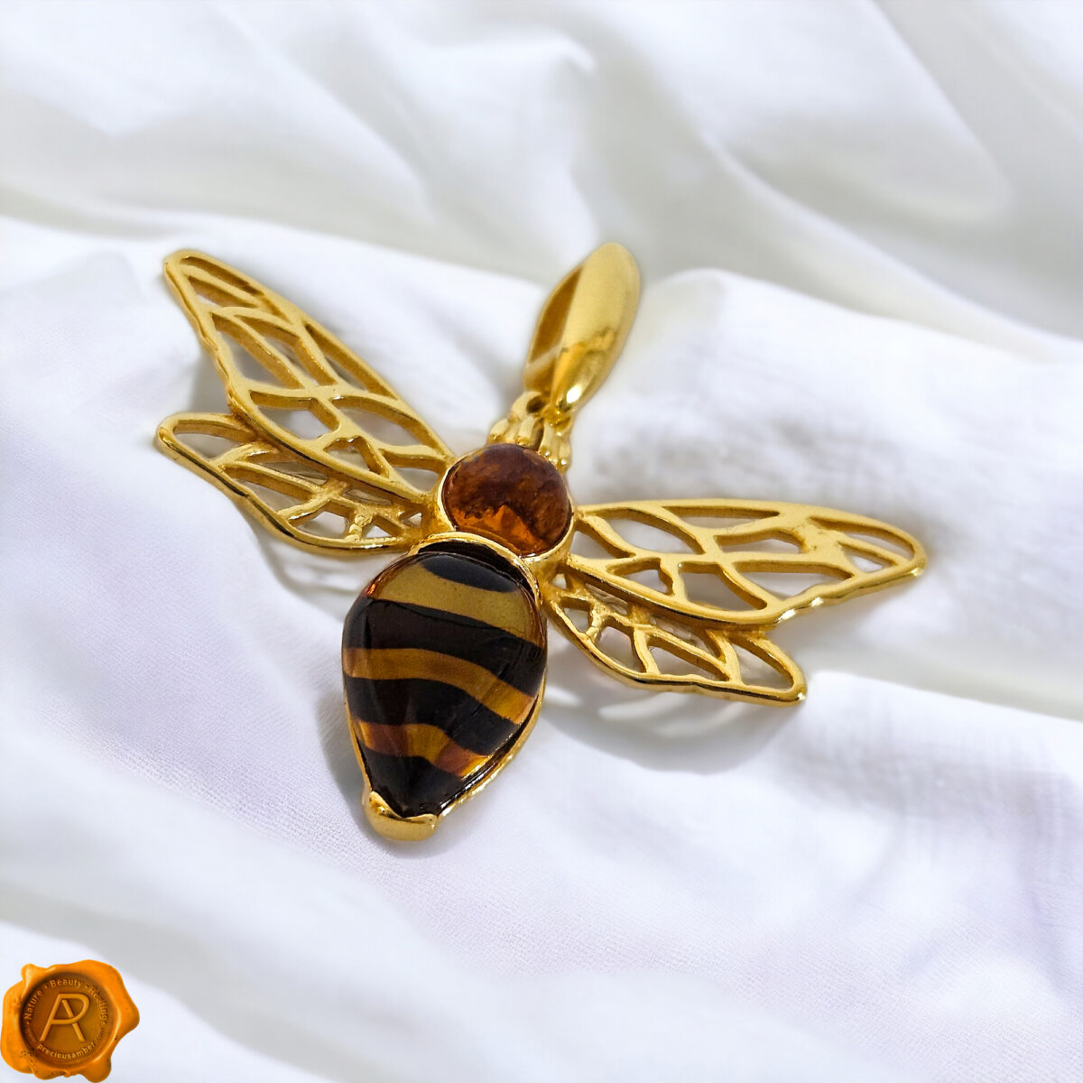 Carved Amber Gold Bee Pendant - Image 4