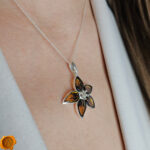 Carved Amber Silver Flower Pendant - Image 2