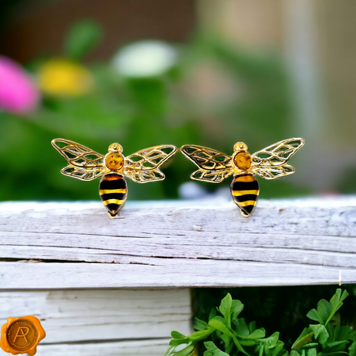 Carved Amber Bee Stud Earrings - Image 2
