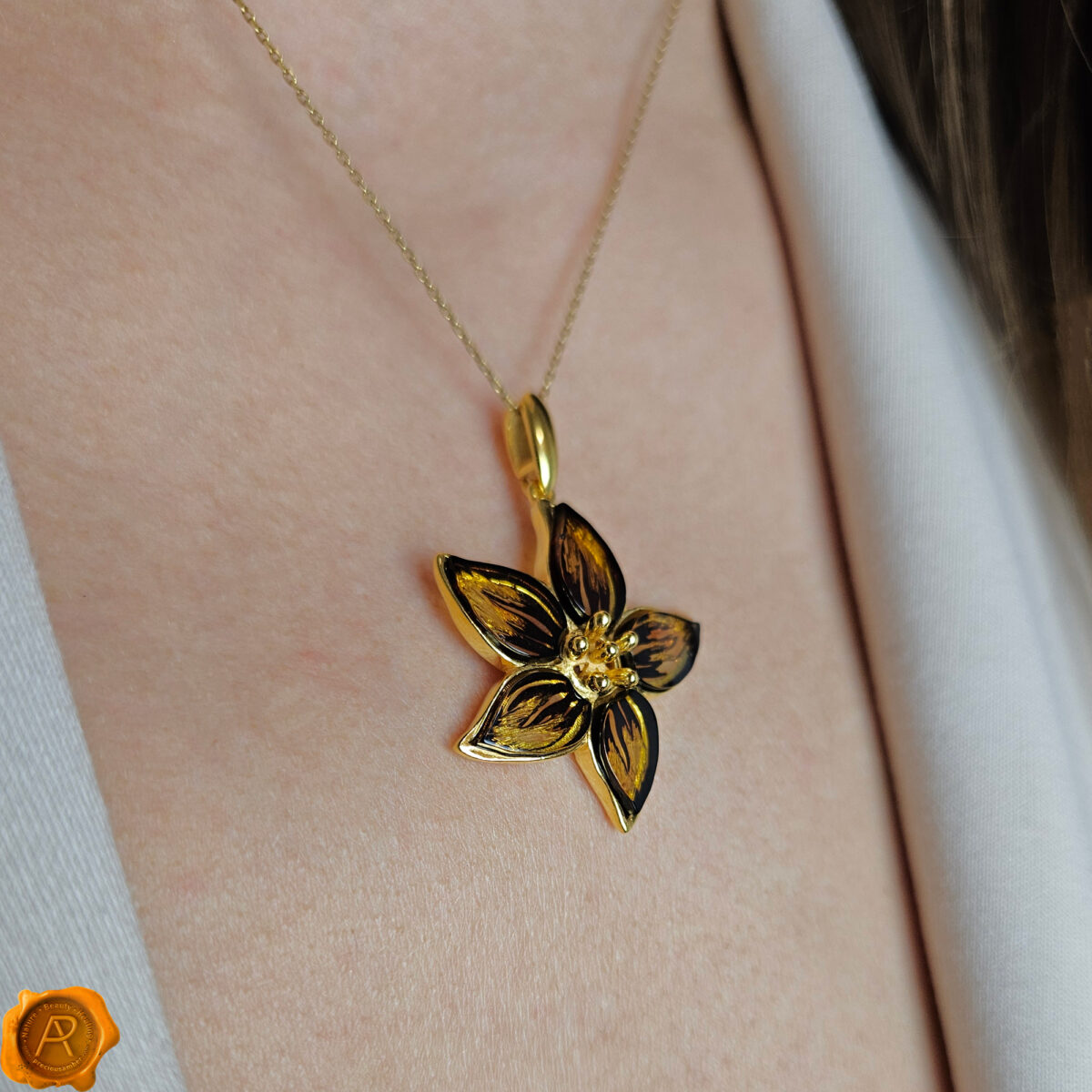 Carved Amber Gold Flower - Image 2