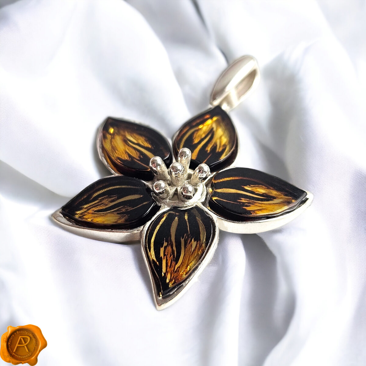 Carved Amber Silver Flower Pendant - Image 3
