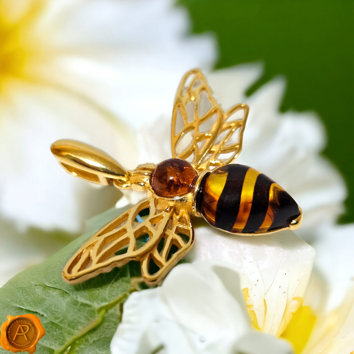Carved Amber Gold Bee Pendant - Image 3