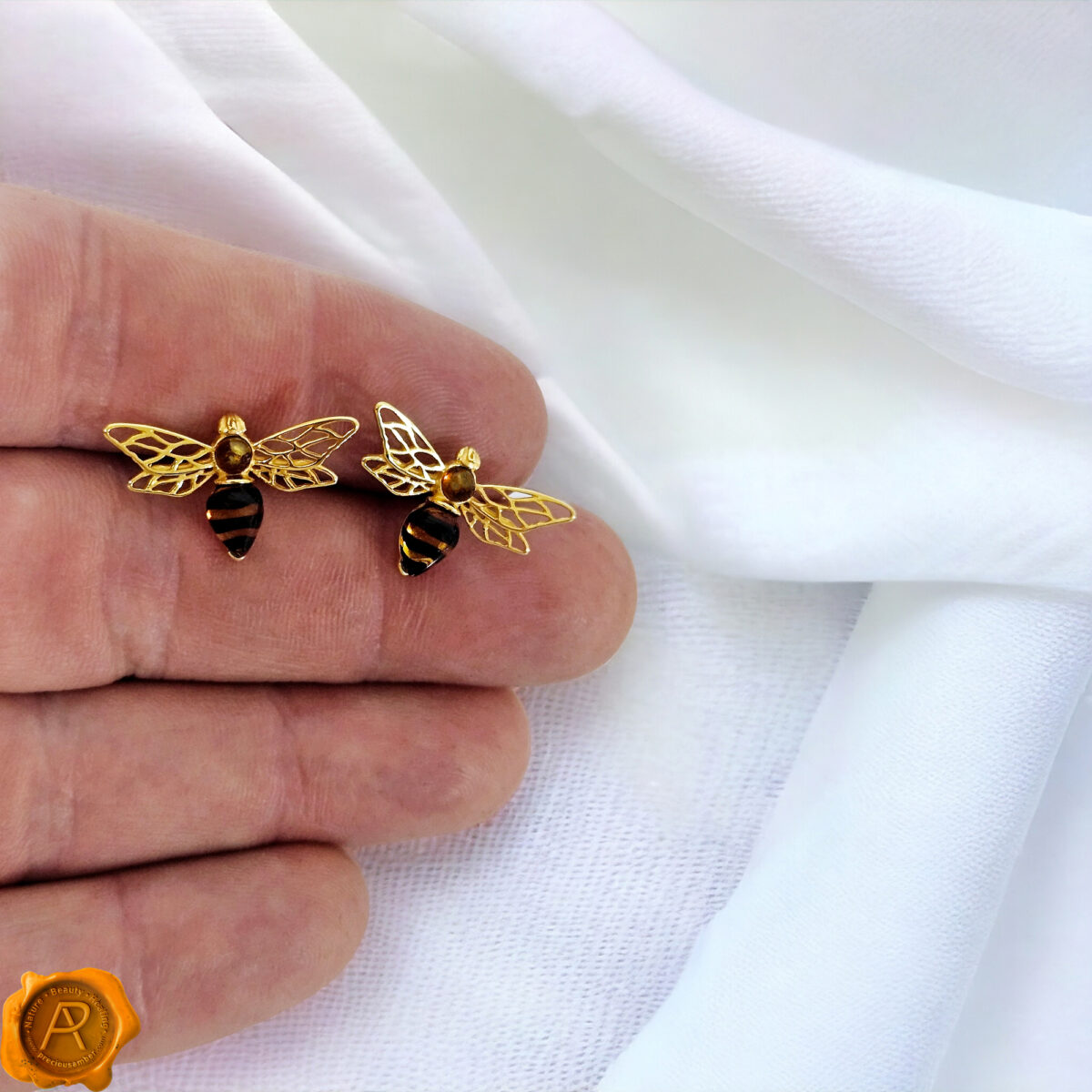 Carved Amber Bee Stud Earrings - Image 4