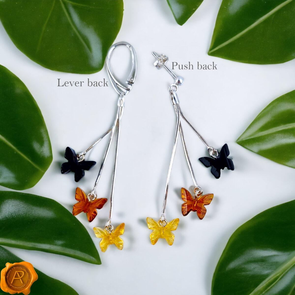 Carved Amber Butterfly Swing Earrings - Image 4