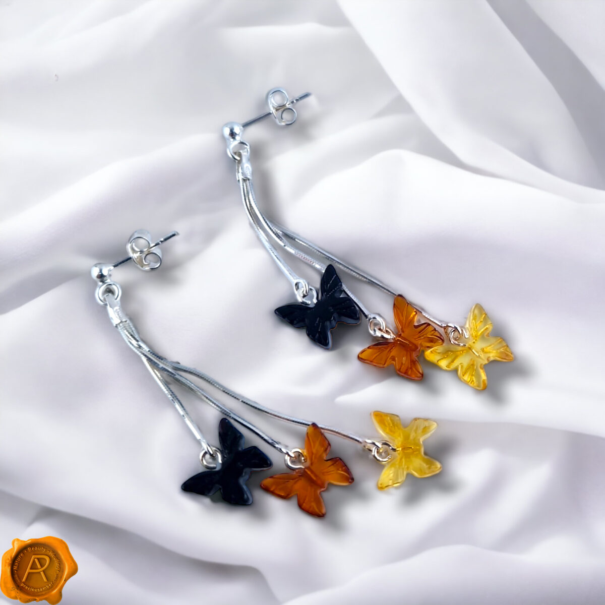 Carved Amber Butterfly Swing Earrings - Image 3