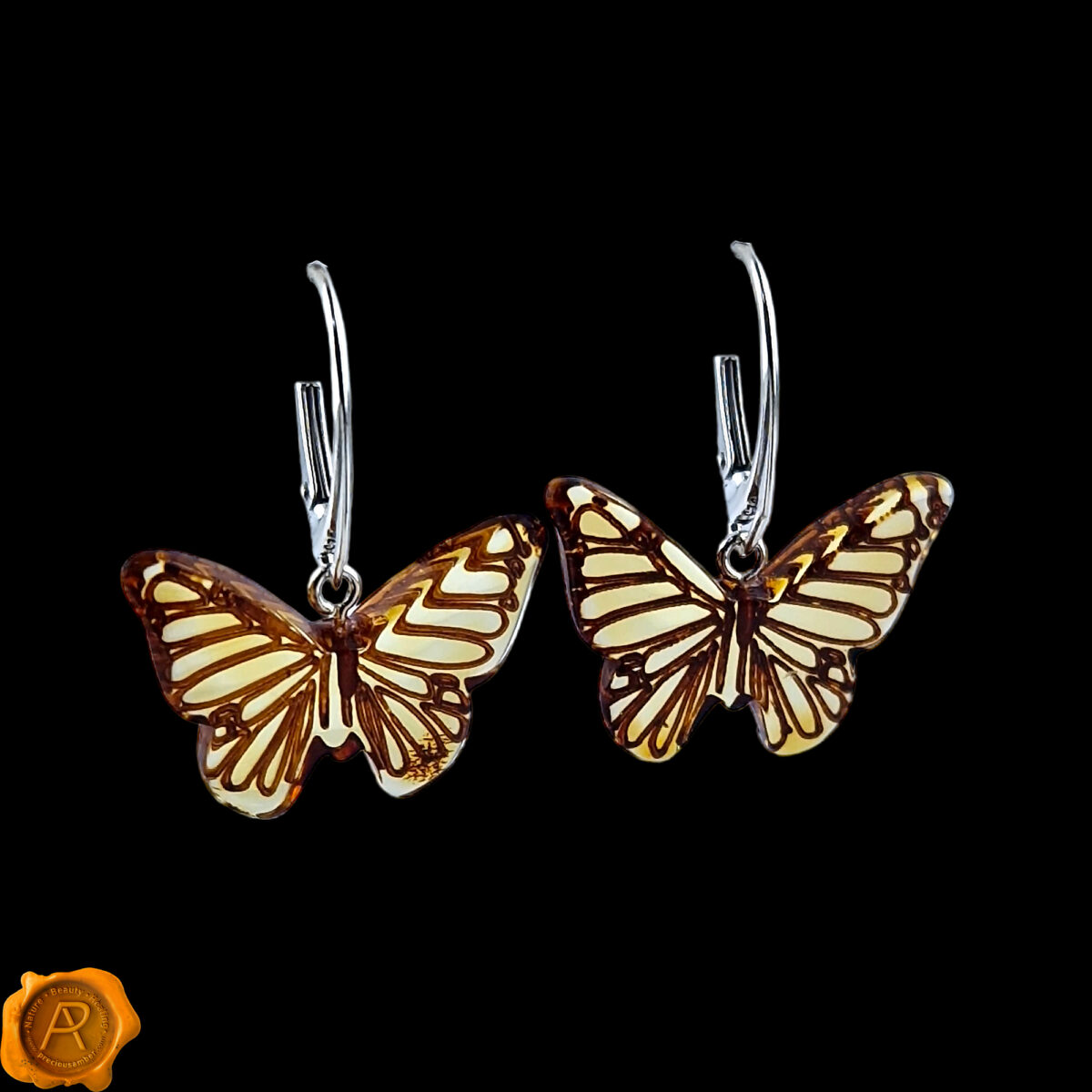 Carved Amber Butterfly Earrings - Image 3