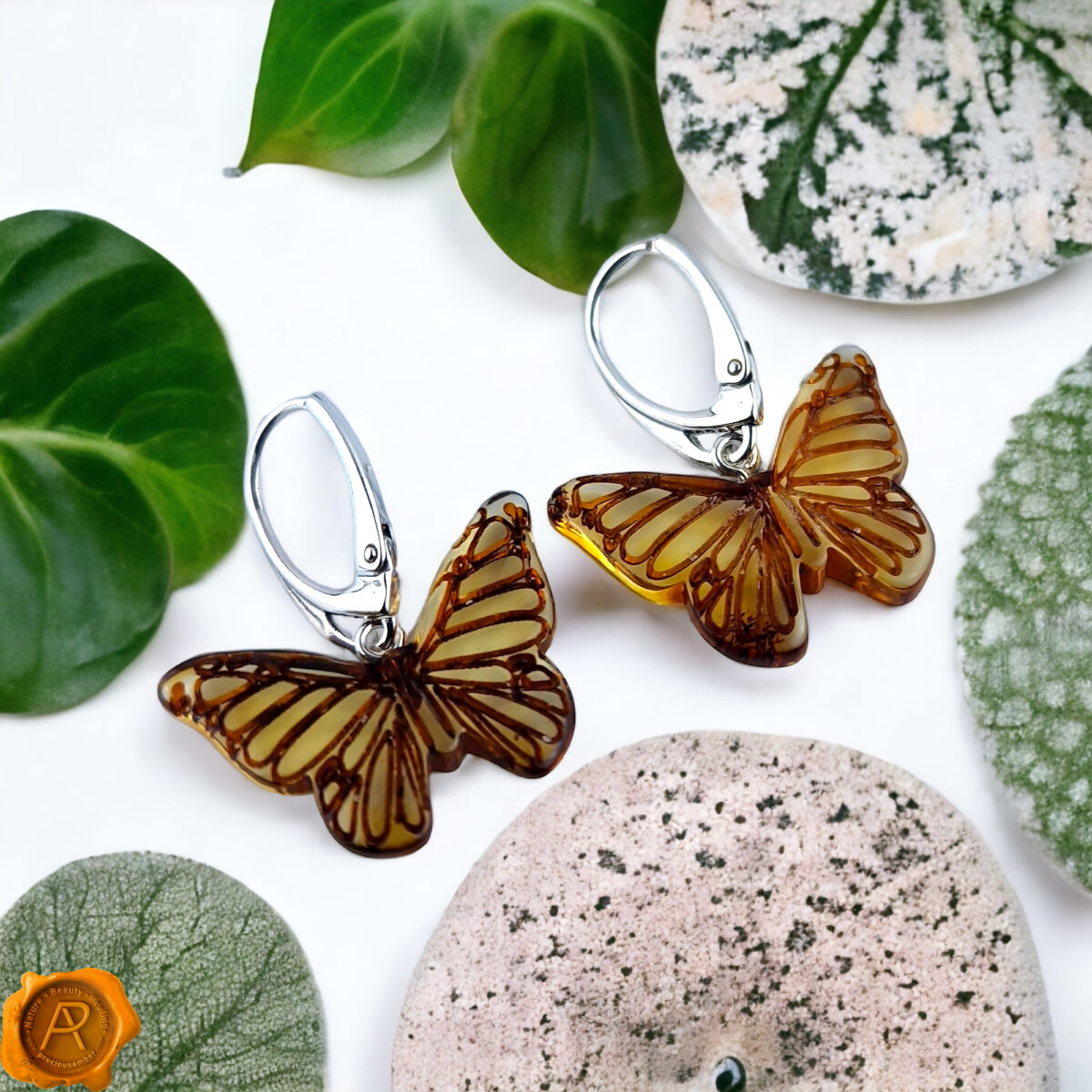 Carved Amber Butterfly Earrings - Image 2
