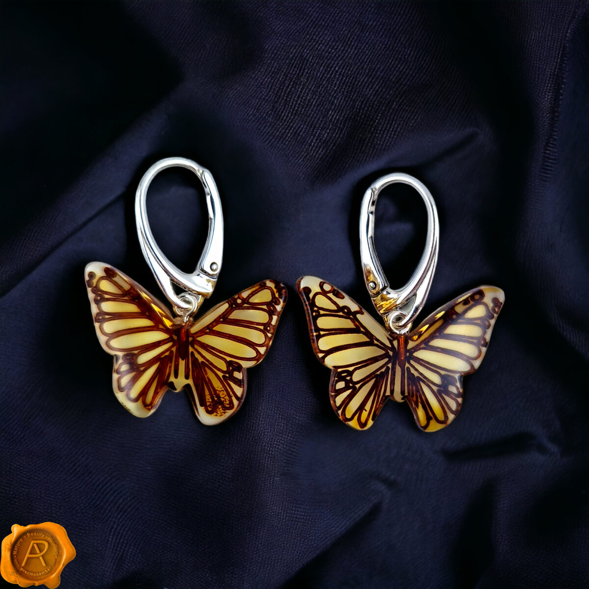 Carved Amber Butterfly Earrings - Image 4