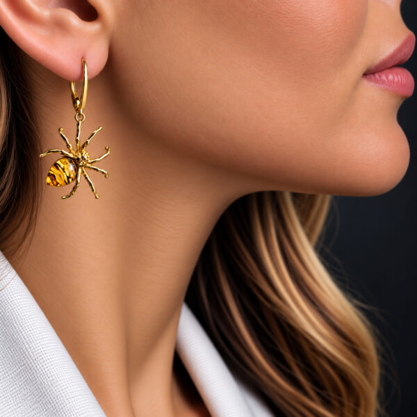 CARVED Baltic Amber Gold Silver Spider Earrings, Spider Lover Gifts, Large Gemstone Arachnophile Art Jewellery Women Men