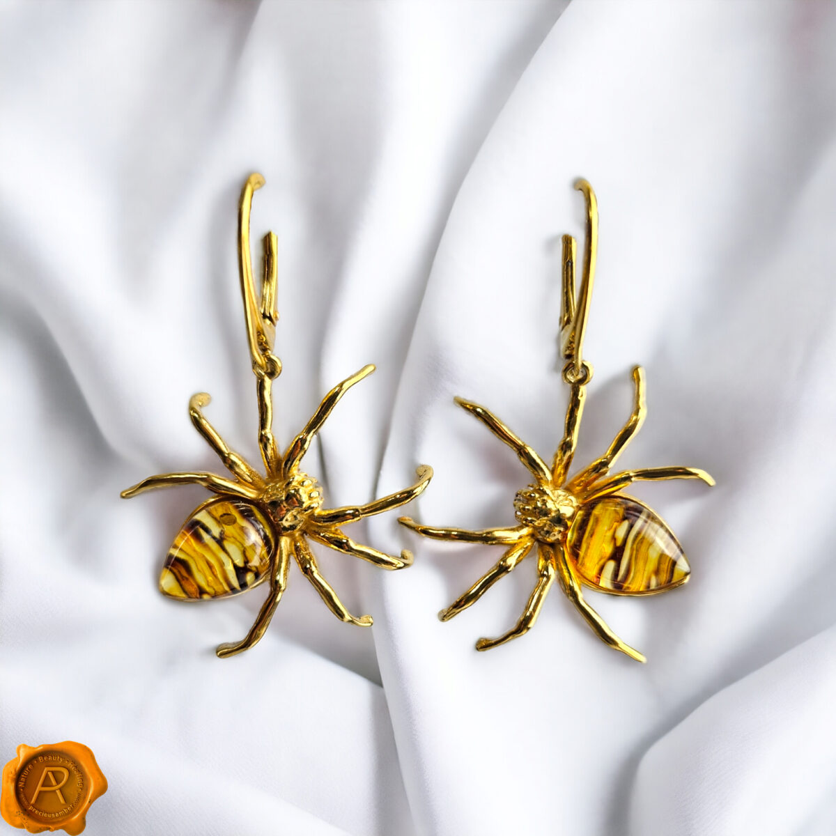 Gemstone Baltic Amber Silver Spider Earrings, Teardrop Spiders Lover Gifts, Sterling Silver Amber Large Drop Jewelry Women Men