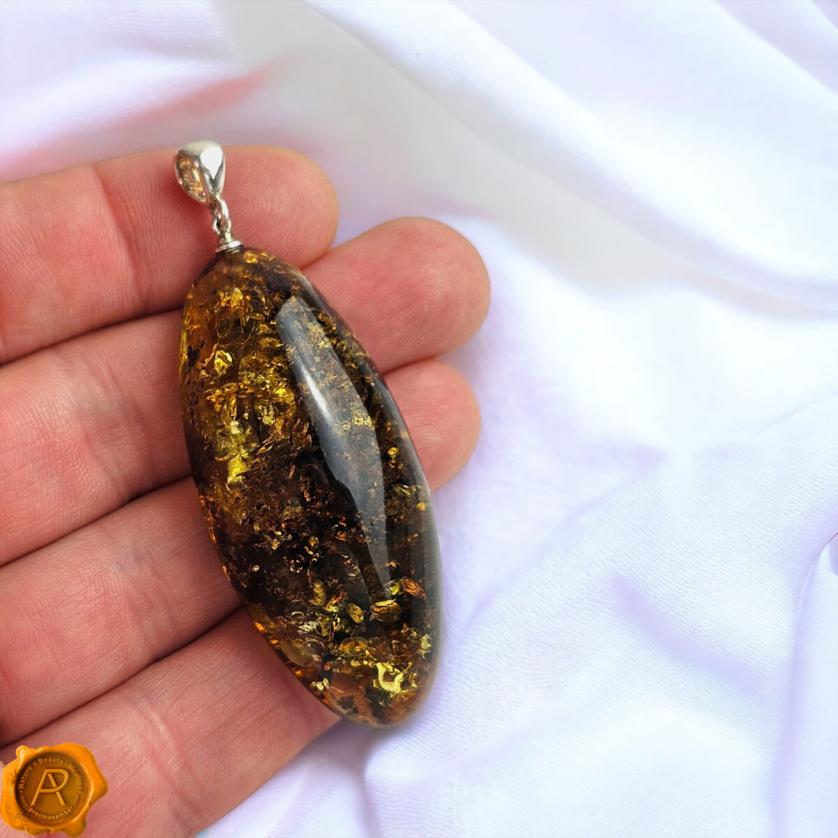 Green-Baltic-Amber-Gemstone-Teardrop-Pendant-Massive-Large-Long-Chunky-Sterling-Silver-Necklace-Gift-for-Women Luxurious Green Amber Pendant - Image 5