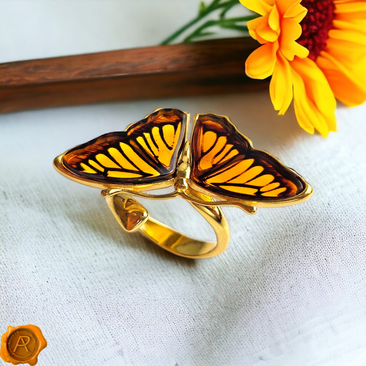 Adjustable Carved Amber Monarch Butterfly - Image 1