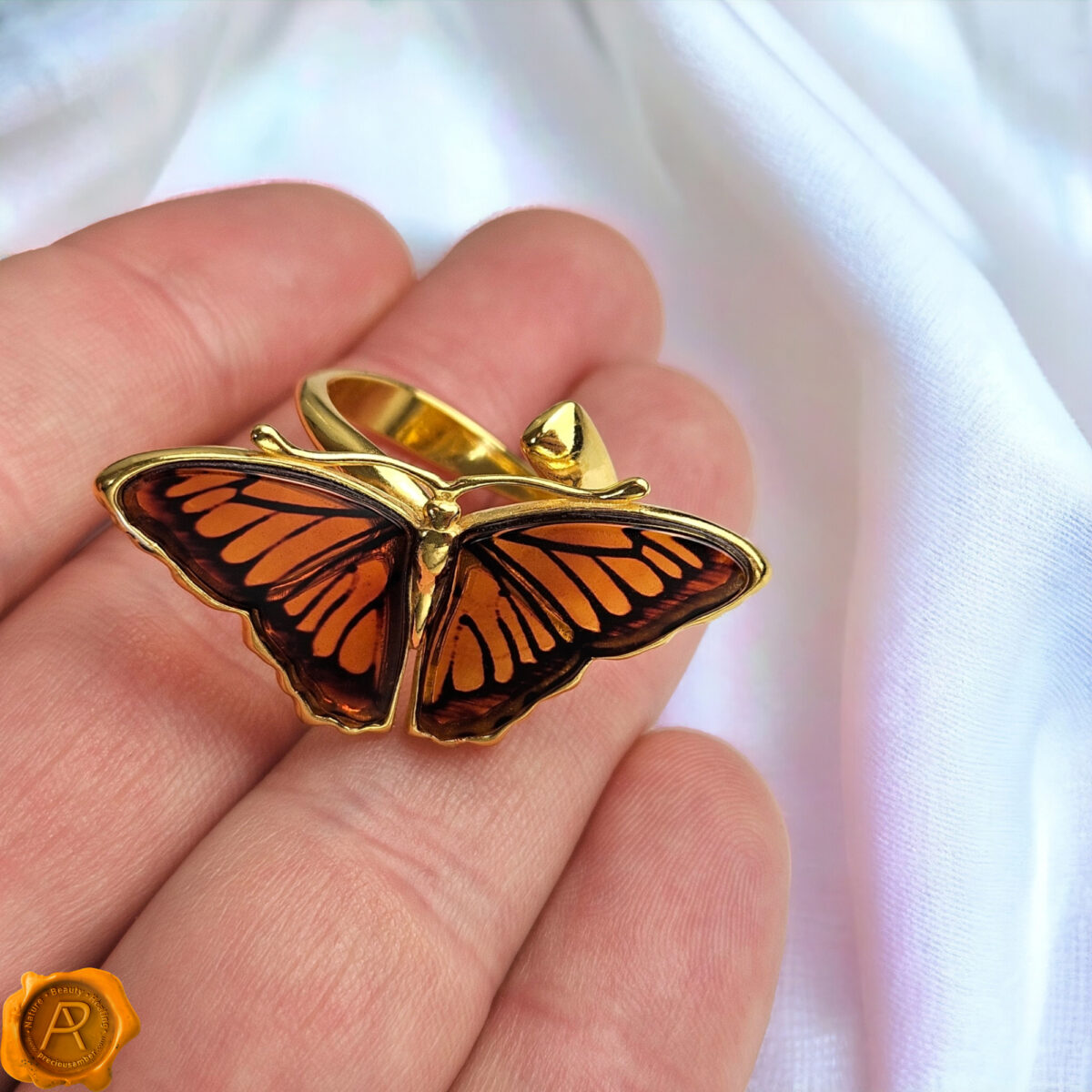 Adjustable Carved Amber Monarch Butterfly - Image 4