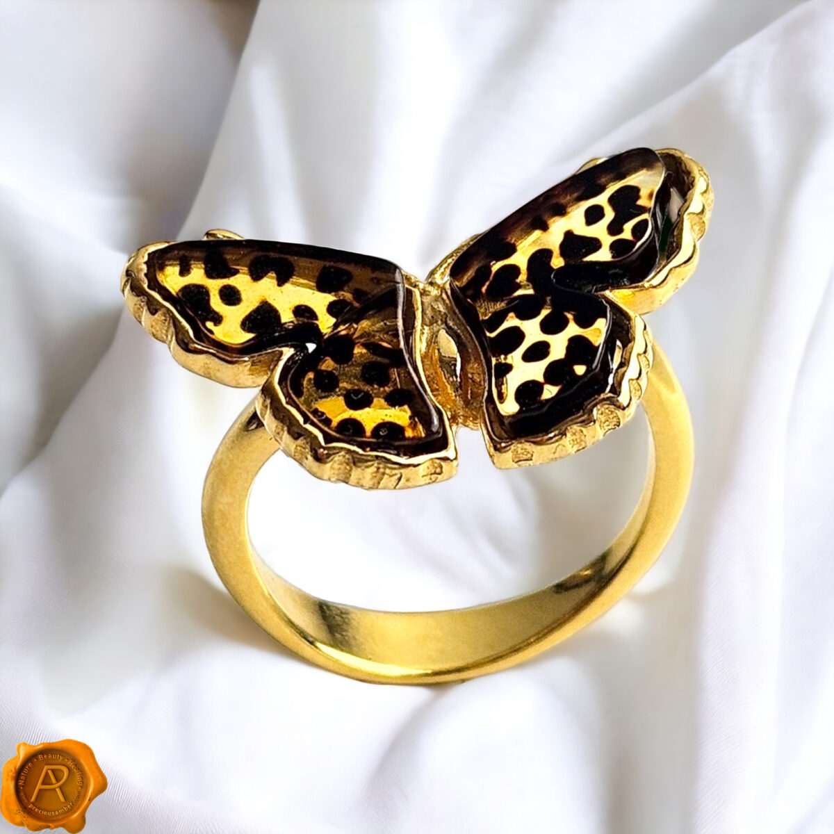 Adjustable Leopard Butterfly Amber Ring - Image 1