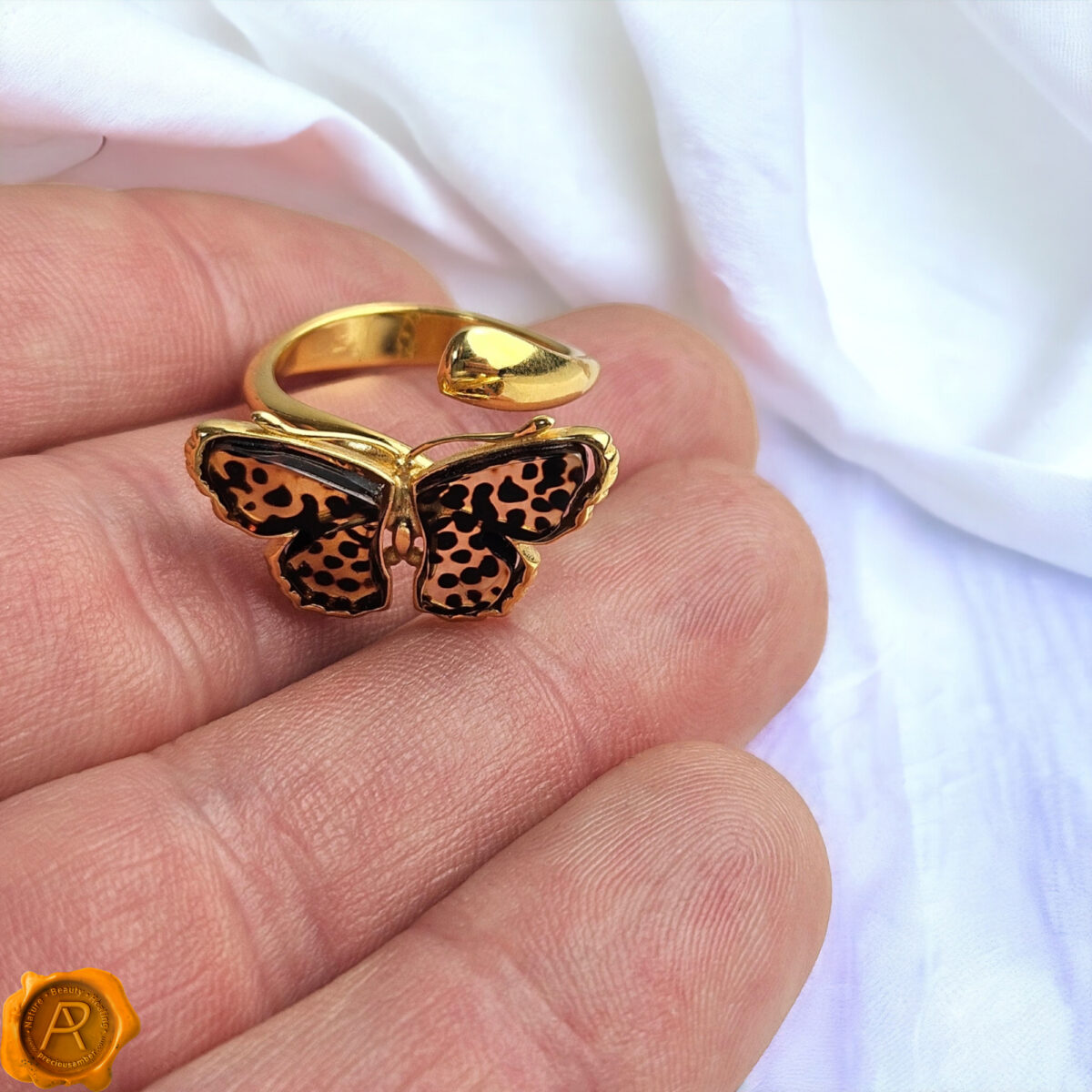 Adjustable Leopard Butterfly Amber Ring - Image 4