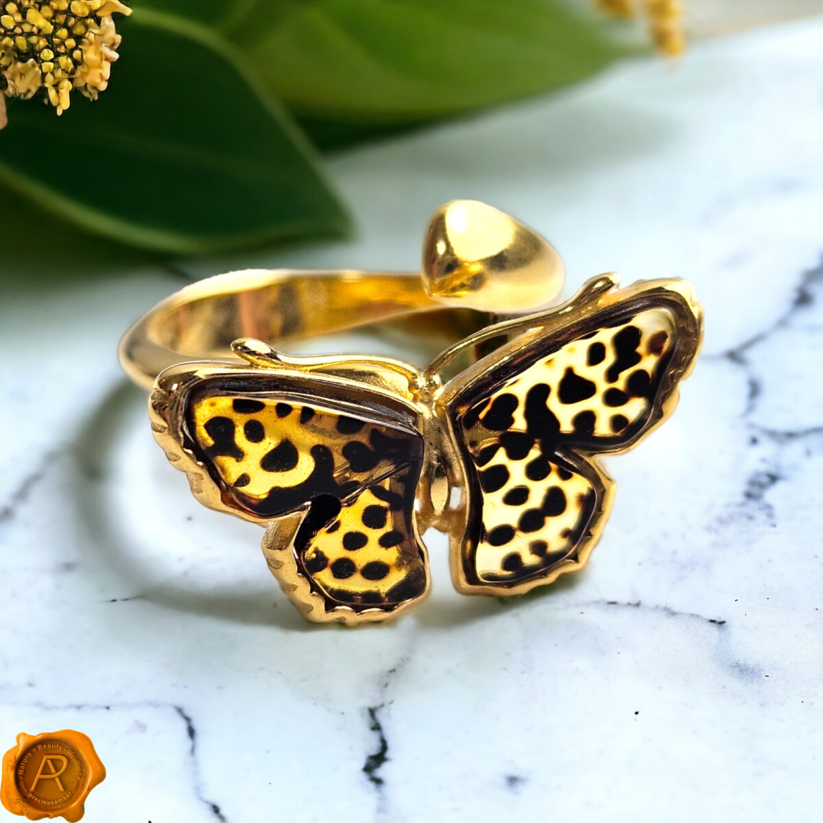 Adjustable Leopard Butterfly Amber Ring - Image 3